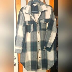 Plaid Button Down Shirt Shacket or Dress - Green and White